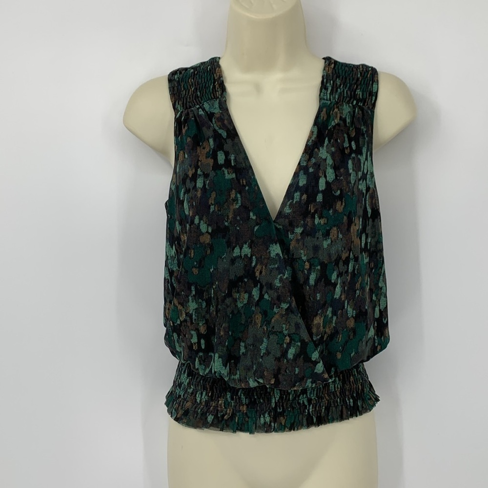 Evereve smocked sleeveless mesh blouse shirt top green faux wrap green brown XS
